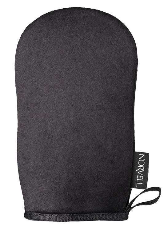 Black oven mitt with a brand tag on a white background