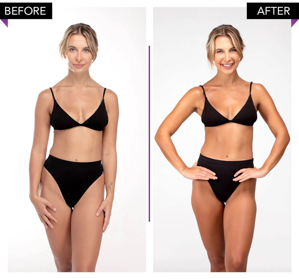 Before and after comparison of a woman wearing a black bikini.