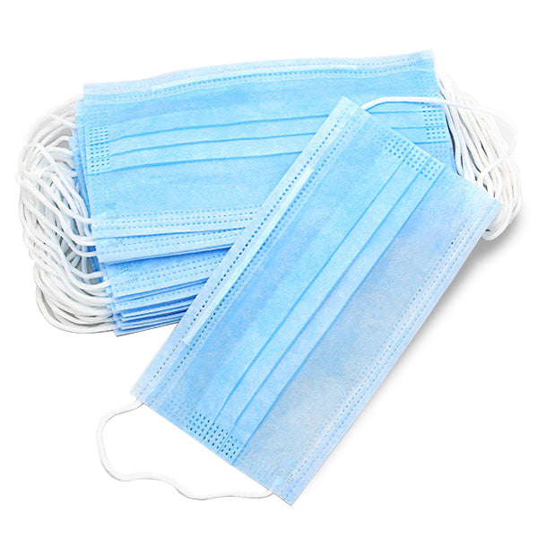 Stack of blue surgical masks on a white background