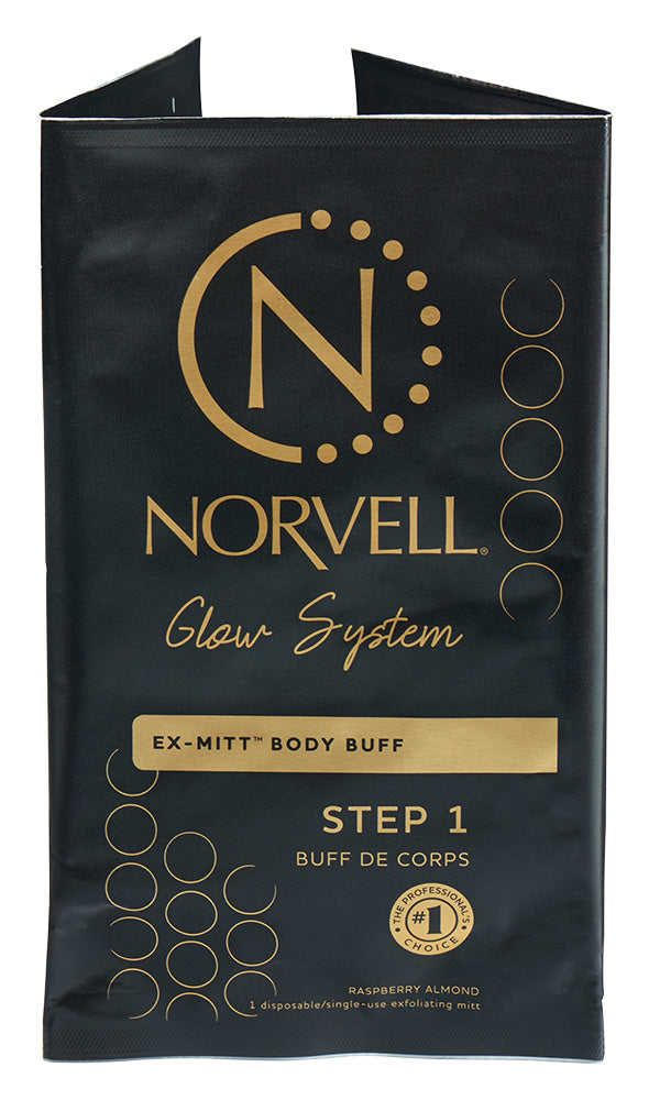 Norvell Glow System Ex-Mitt Body Buff packaging on a white background