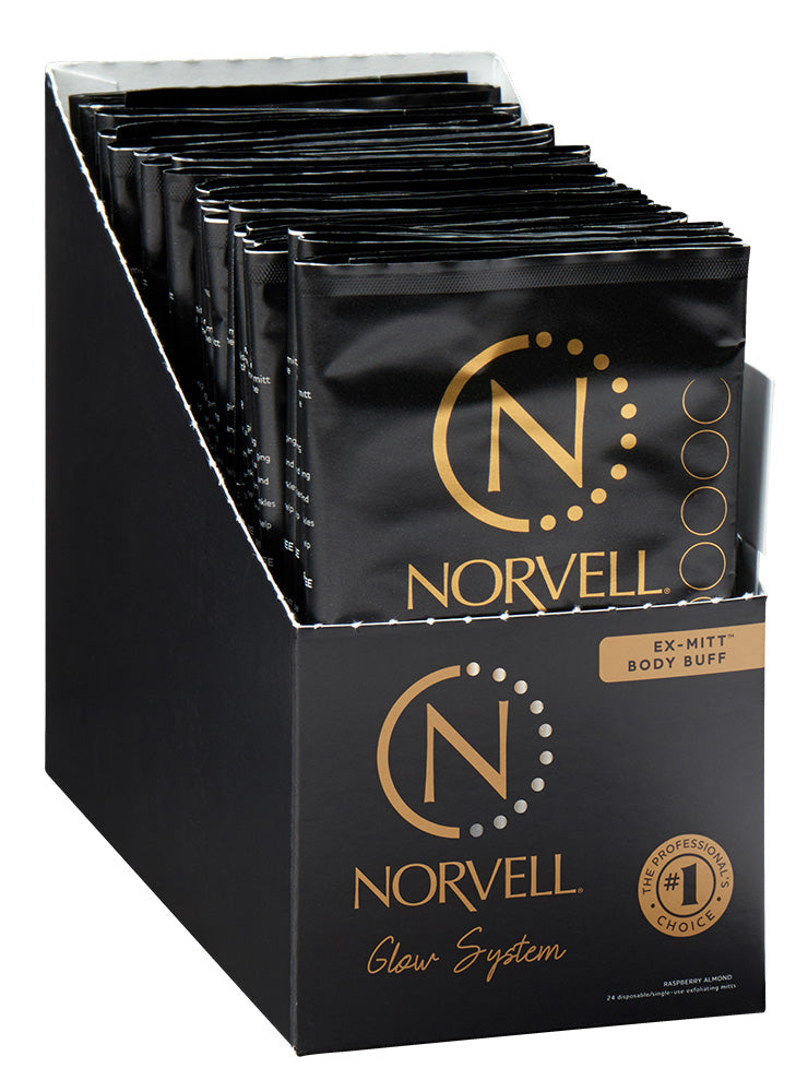 Display of Norvell body buff products in a black box with gold branding.