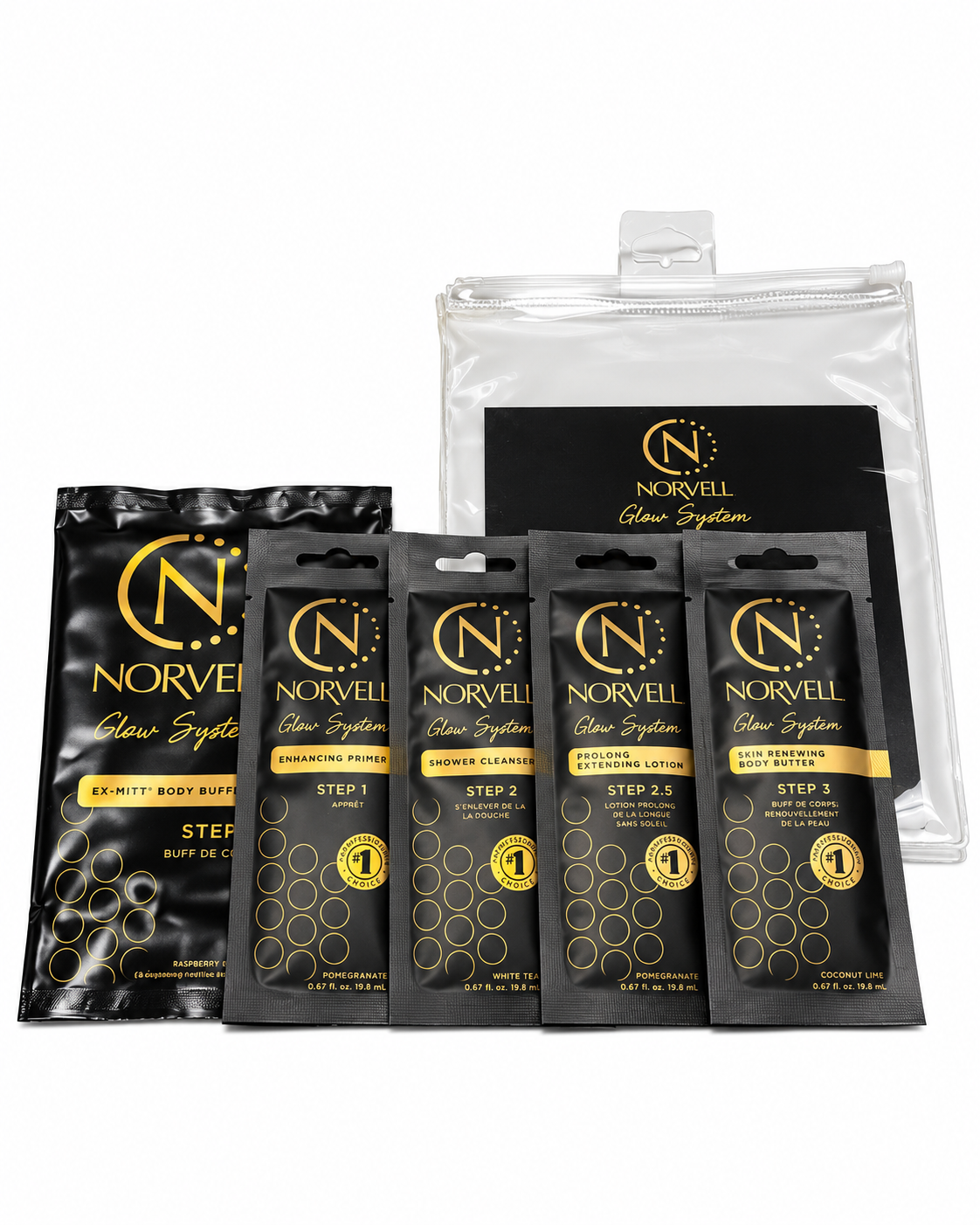 Norvell glow system bundle including a body buffer, primer, cleanser, prolonging lotion, body butter, and a mitt. 