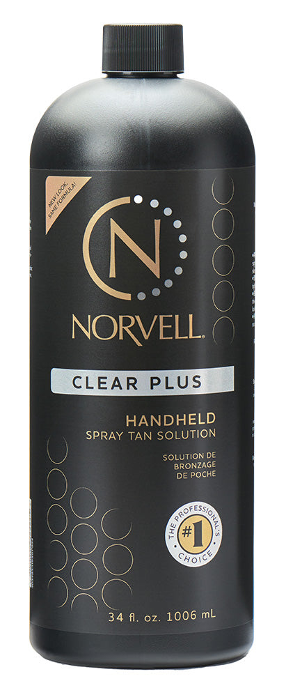 Norvell Clear Plus handheld spray tan solution bottle on a white background