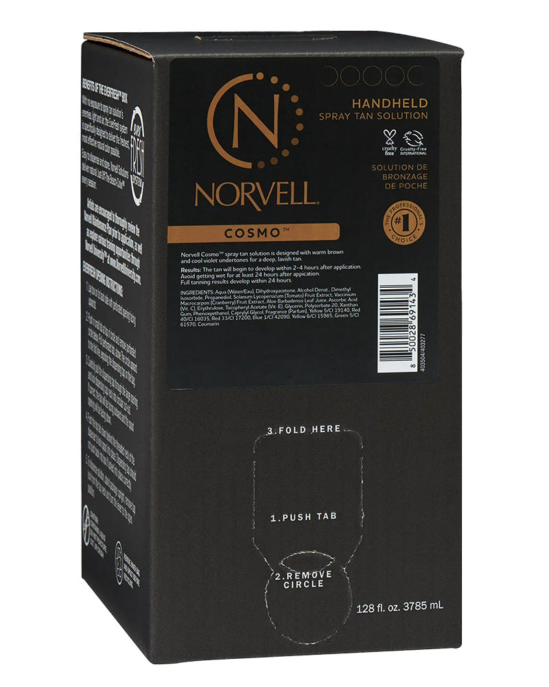 Black box of Norvell Cosmo handheld spray tan solution with branding and text.