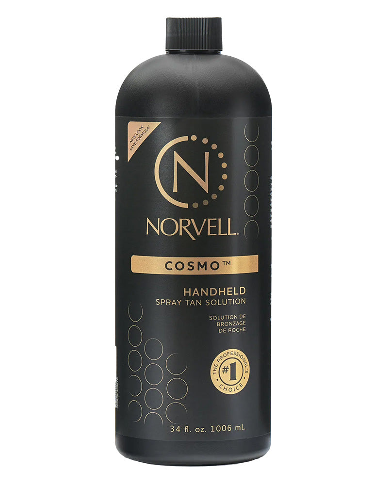 Black bottle of Norvell Cosmo handheld spray tan solution on a white background