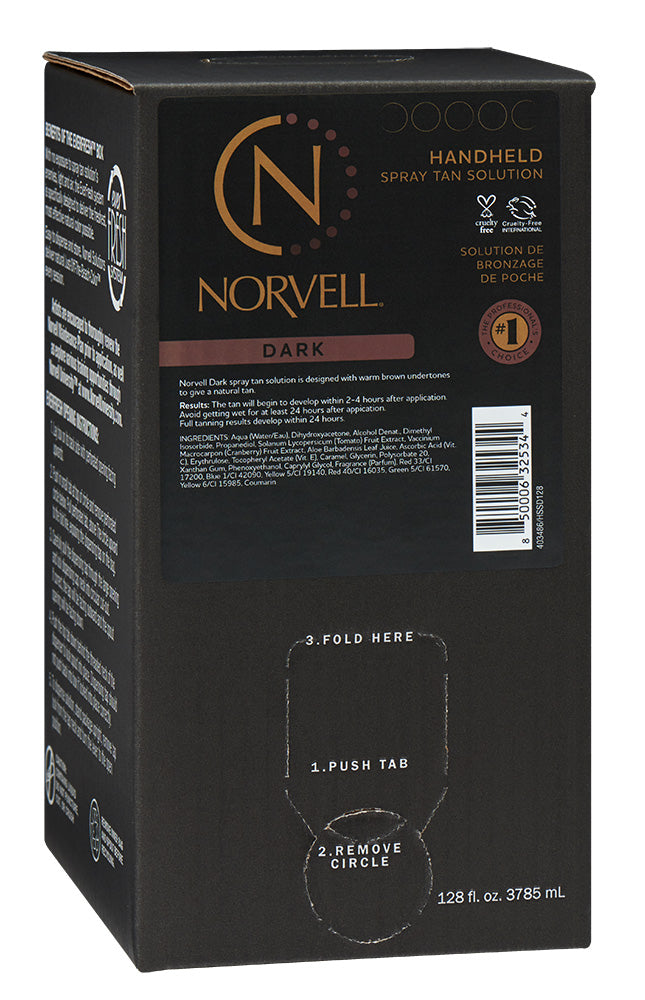 Black box of Norvell handheld spray tan solution with branding and instructions.