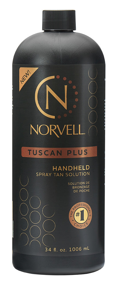 Norvell Tuscan Plus handheld spray tan solution bottle on a white background
