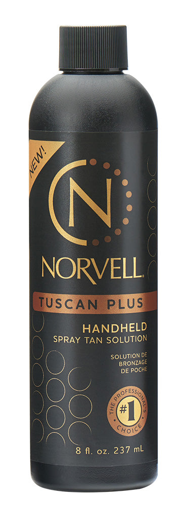 Norvell Tuscan Plus handheld spray tan solution bottle on a white background