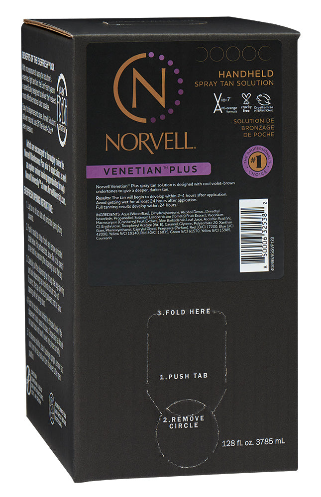 Black box of Norvell Venetian Plus handheld spray tan solution with branding and product details.