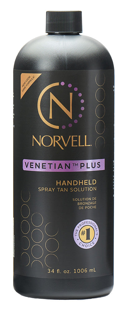 Norvell Venetian Plus handheld spray tan solution bottle on a white background