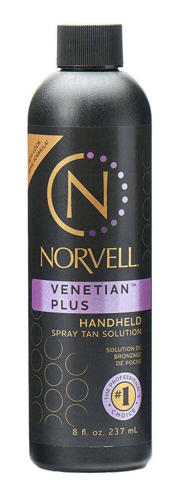 Norvell Venetian Plus handheld spray tan solution bottle on a white background