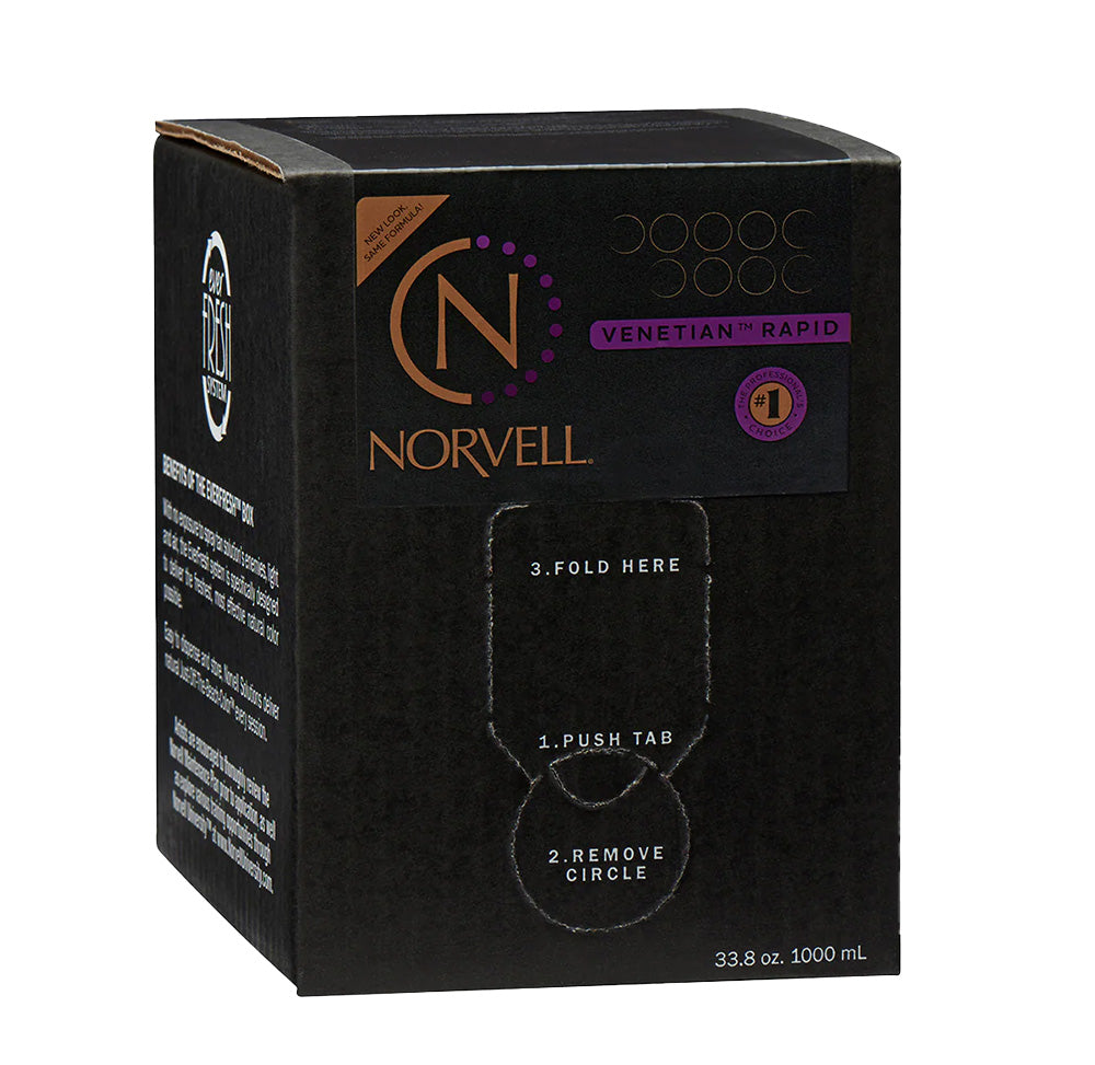 Black Norvell sunless tanning kit box with branding and product details.
