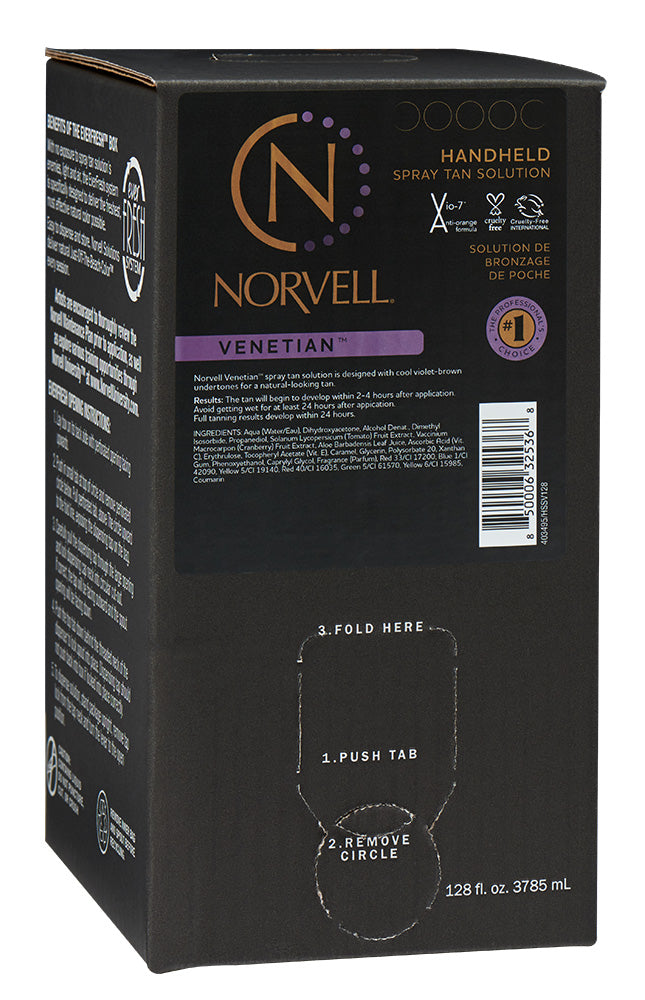 Black box of Norvell Venetian handheld spray tan solution with branding and product details.