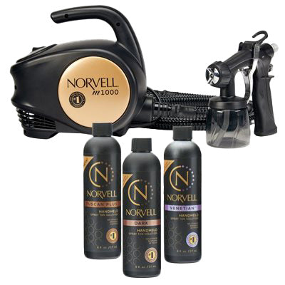 Norvell tanning product set including a machine and bottles on a white background