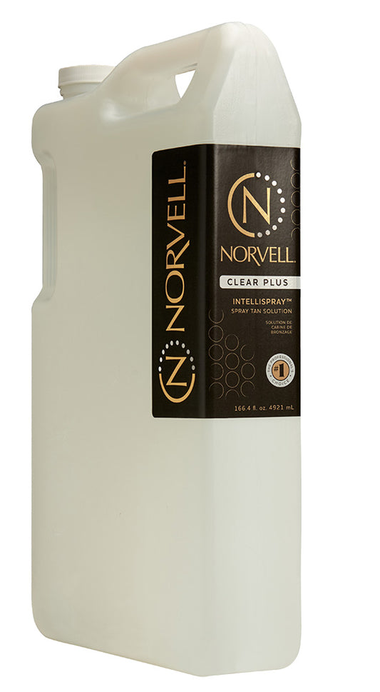 Norvell clear plus spray tan solution container on a white background