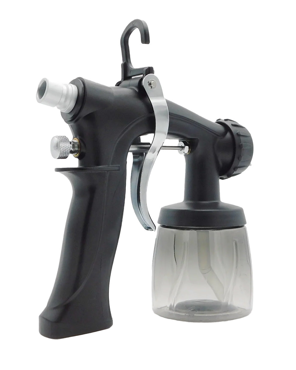 Black spray gun with clear container on a white background