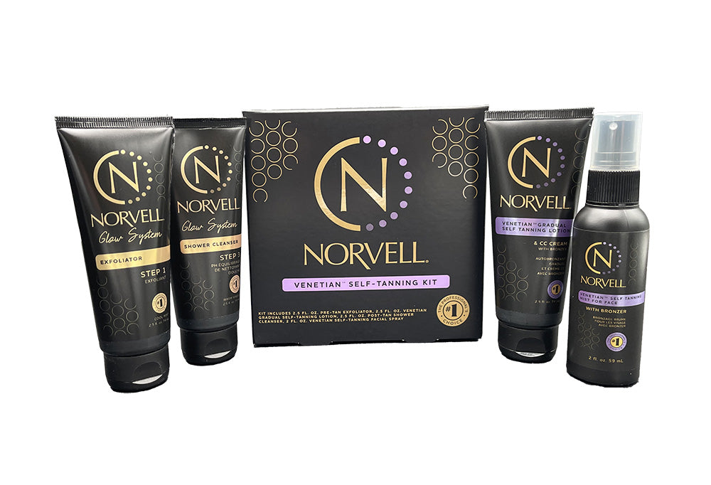Norvell self-tanning kit with bottles and a box on a white background