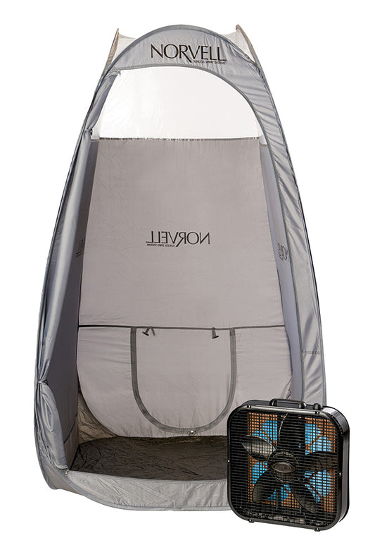 Gray pop-up tent with 'Norvell' branding and a black fan on a white background