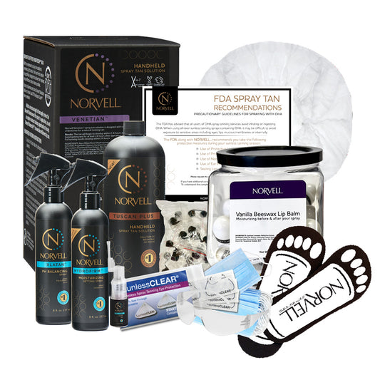 Collection of Norvell skincare and spray tan products on a white background
