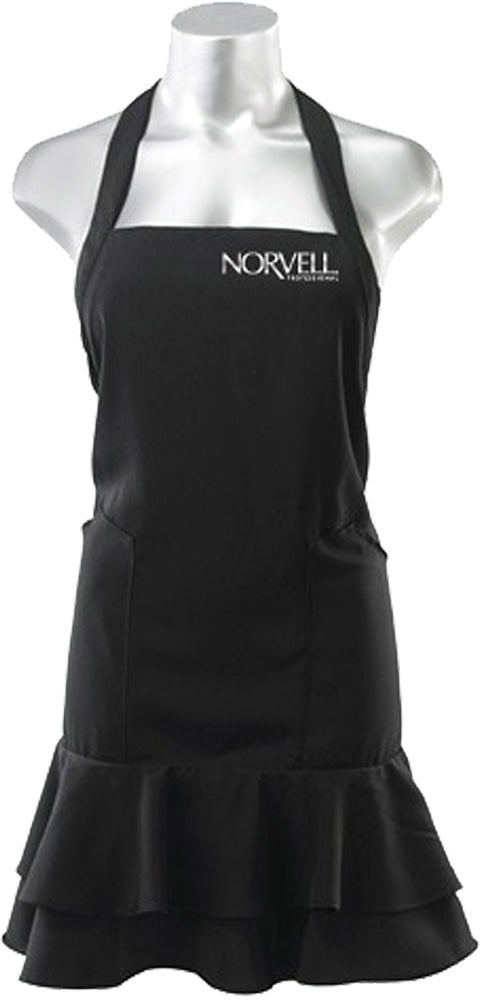 Black apron with ruffled skirt on a mannequin, featuring the Norvell logo.