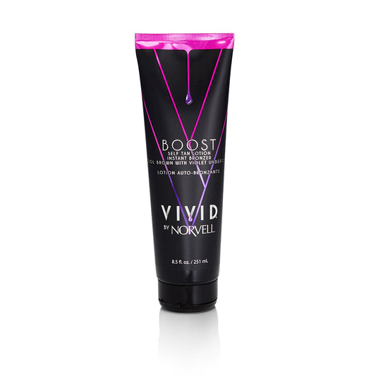Vivid by Norvell Boost self-tan lotion tube on a white background