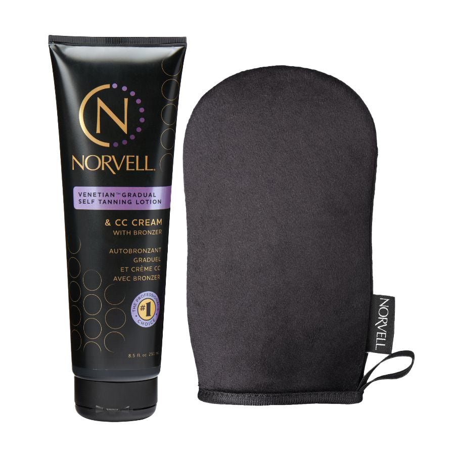 Norvell tanning product with a black mitt on a white background