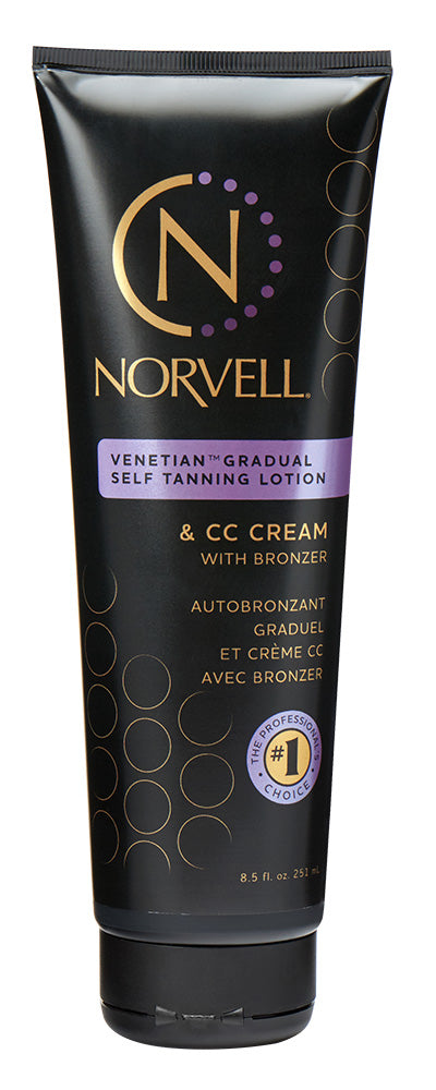 Norvell self-tanning lotion and CC cream tube on a white background