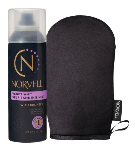 Norvell Venetian Self Tanning Mist with a black mitt on a white background