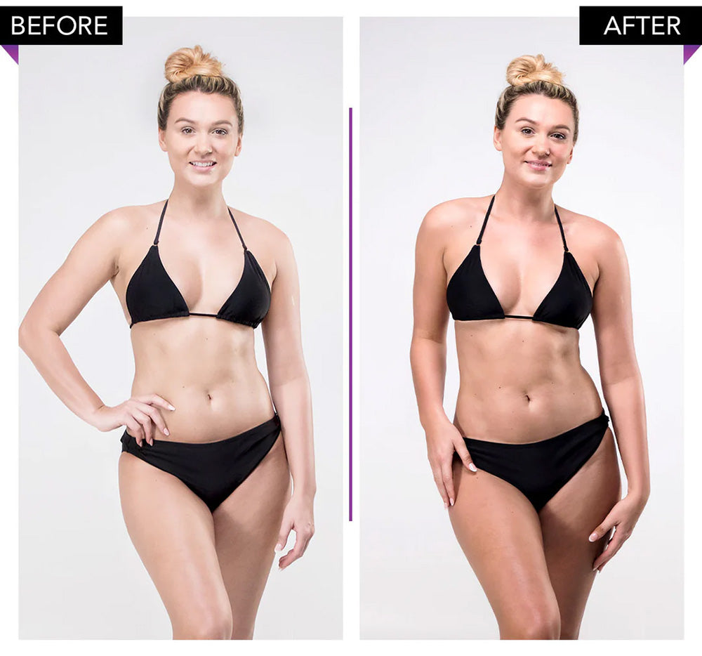 Before and after comparison of a woman wearing a black bikini against a white background