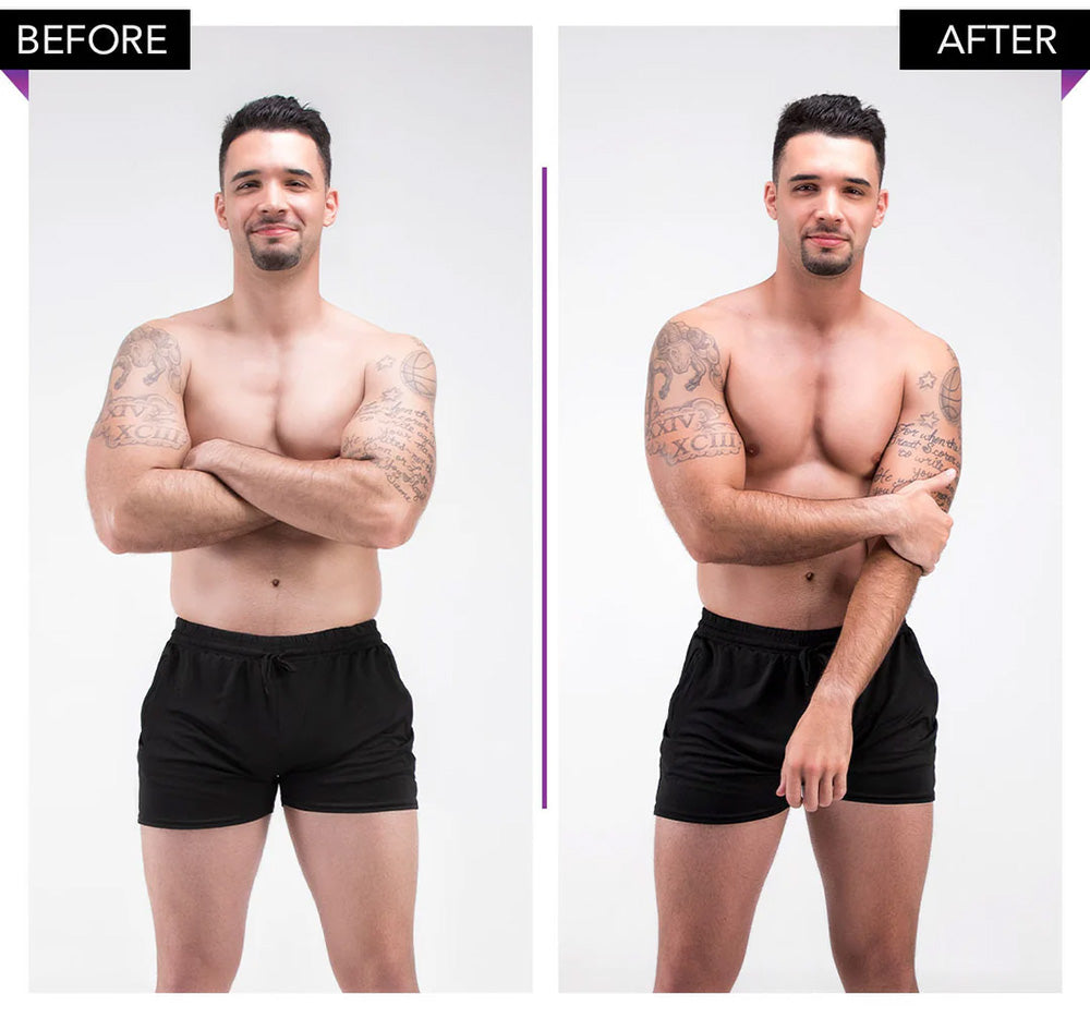 Before and after comparison of a man wearing black shorts on a white background