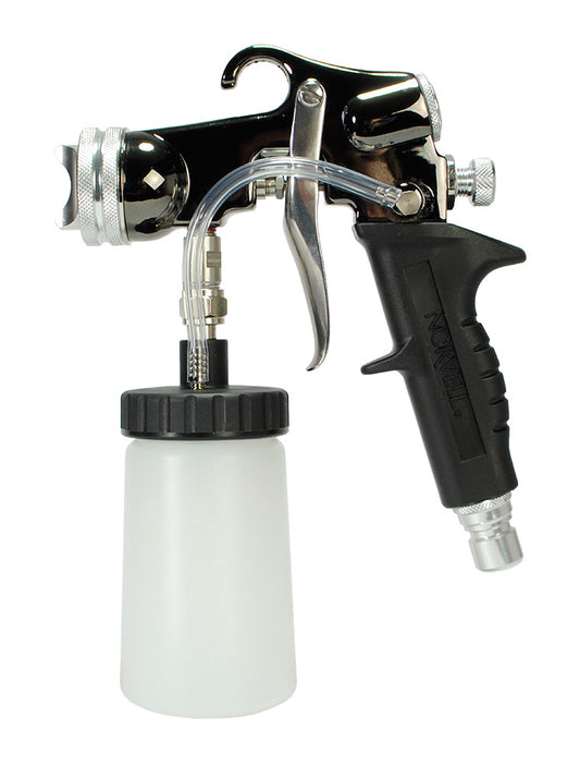 Spray gun with a white container on a white background