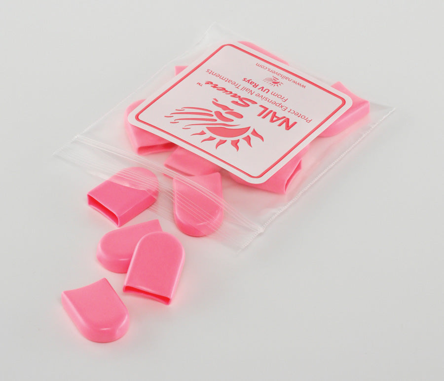 A bag of pink nail savers on a white background 