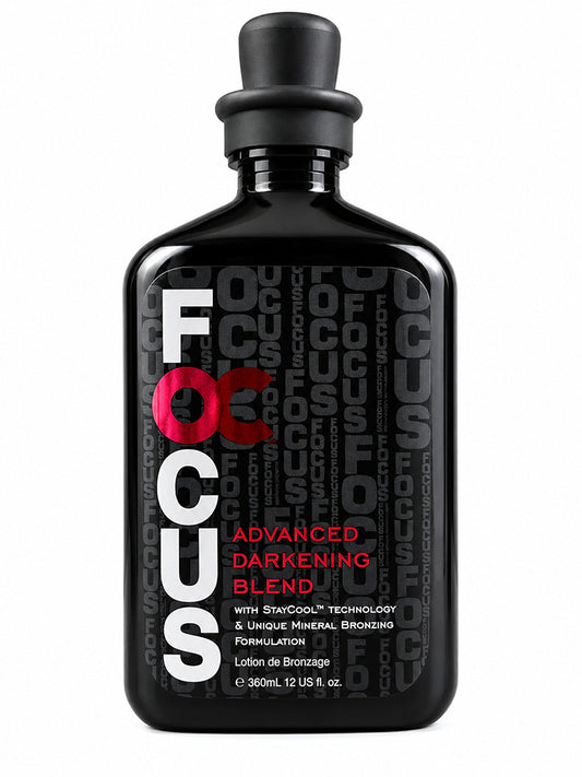 Black bottle of 'Focus' Advanced Darkening Blend on a white background