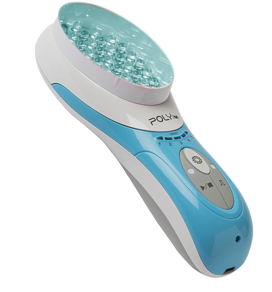 Blue and white electronic device with a circular component on a white background