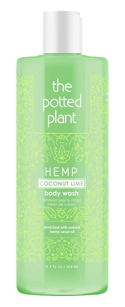Green bottle of 'the potted plant' Hemp Coconut Lime body wash on a white background