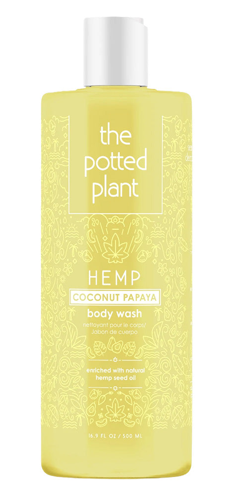 Body wash bottle labeled 'the potted plant' with coconut papaya scent on a white background