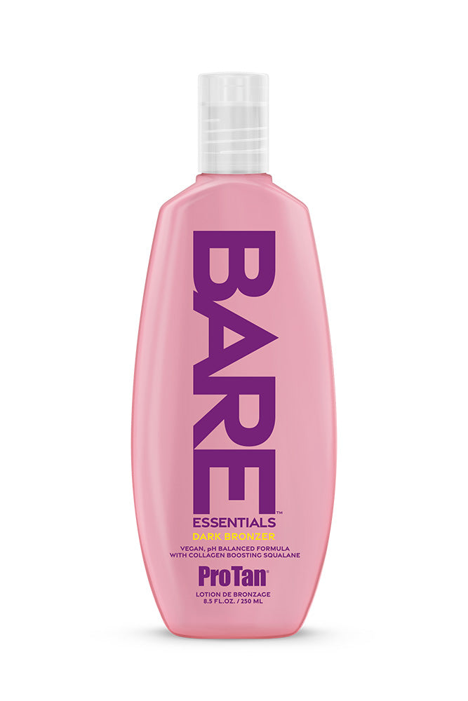 Pink bottle of ProTan Bare Essentials tanning lotion on a white background