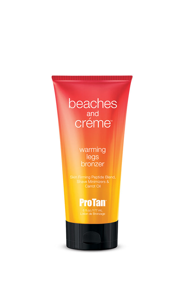 ProTan Beaches and Crème Warming Legs Bronzer in a squeeze tube with a red-to-yellow gradient and a black cap, on a white background.