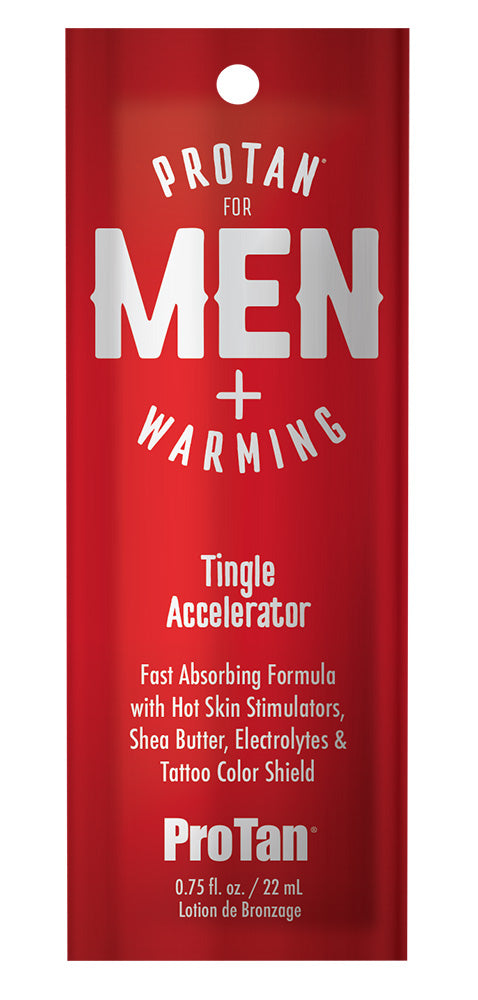 Red ProTan for Men + Warming Tingle Accelerator packet with white text on a white background.
