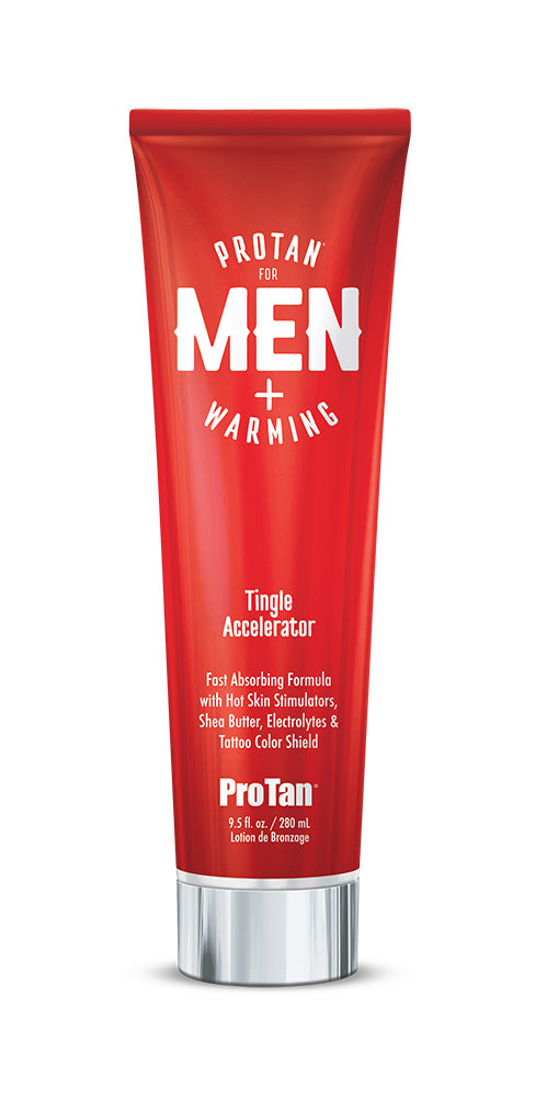 A red squeeze tube of ProTan Men Warming Tingle Accelerator with a silver cap, shown on a plain white background.