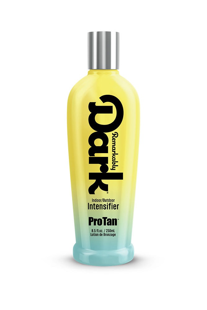A bottle of Remerely Dark Intensifier ProTan indoor/outdoor tanning lotion, featuring a yellow-to-light-blue gradient bottle with a silver cap, on a white background.