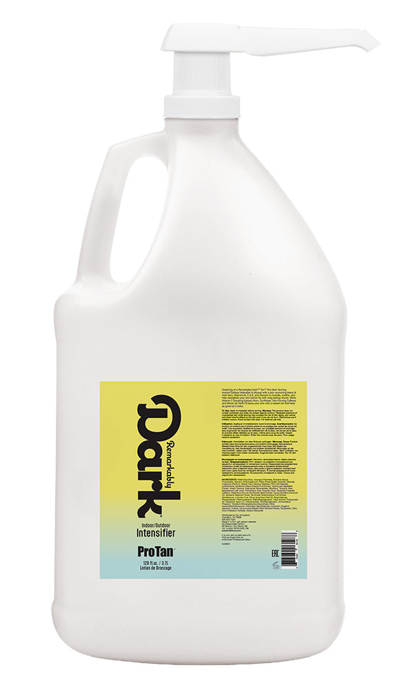 A large white plastic pump bottle of Dark Pro Tan Intensifier with a yellow and blue label, shown against a plain white background.