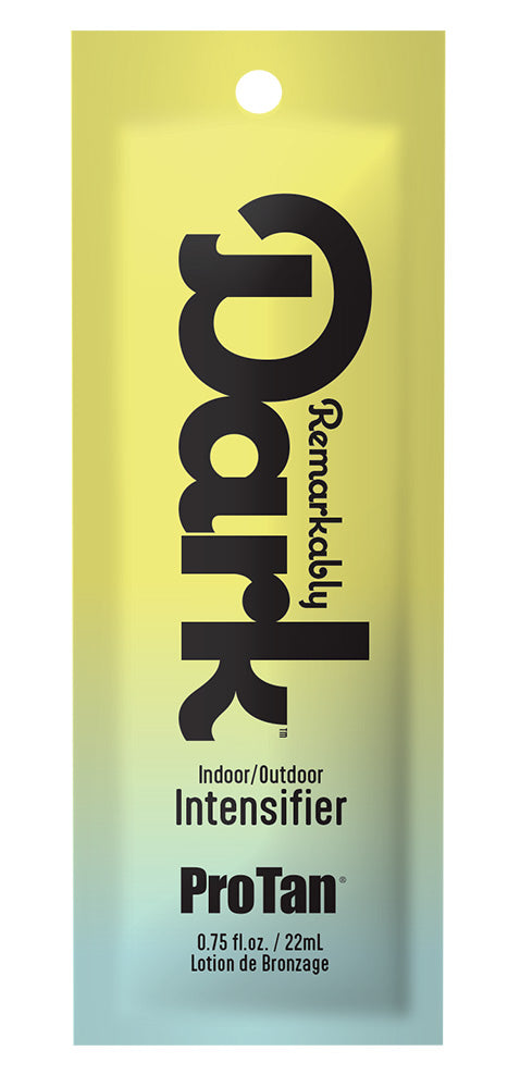 A single-use packet of Remarkably Dark ProTan Indoor/Outdoor Intensifier, featuring a yellow-to-light-blue gradient background with bold black text.