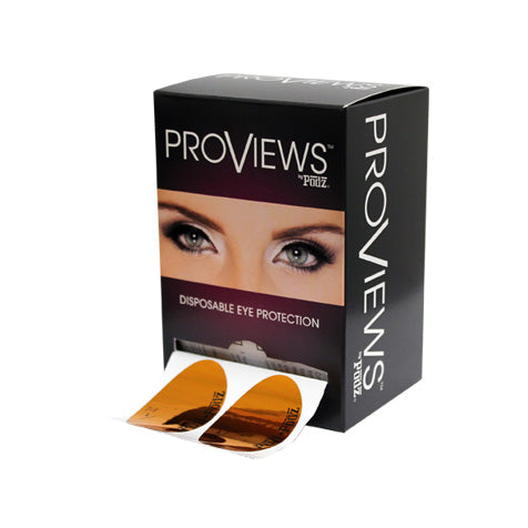 ProViews disposable eye protection packaging with a pair of gold eye shields on a white background