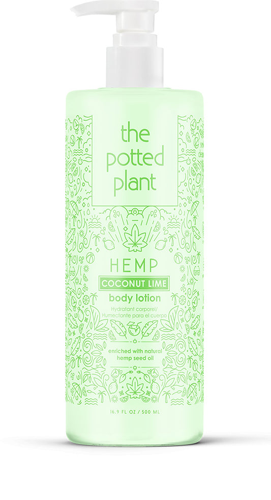 Green bottle of 'the potted plant' hemp coconut lime body lotion on a white background