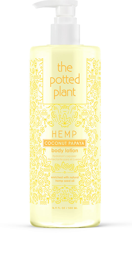 Body lotion bottle labeled 'the potted plant' with a yellow label on a white background