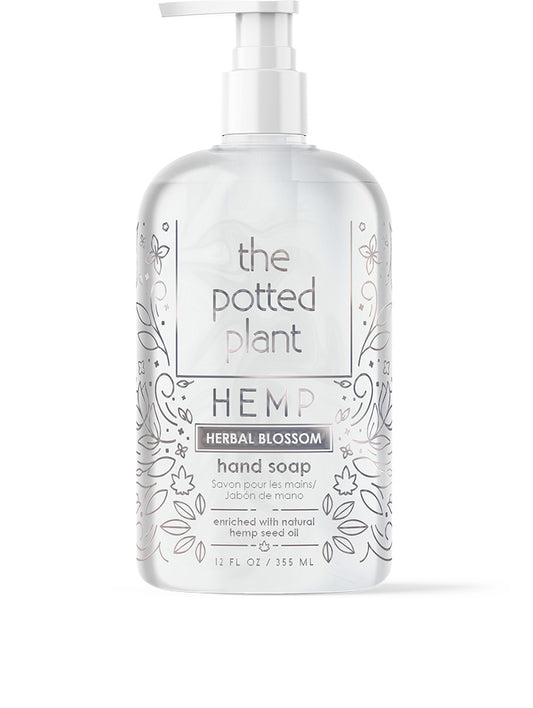 Hand soap bottle labeled 'the potted plant' with 'Hemp Herbal Blossom' on a white background
