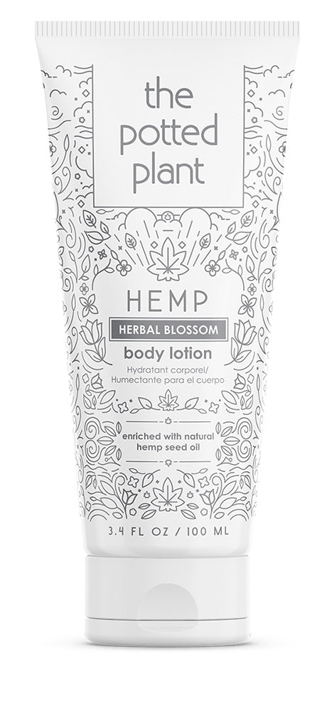 Tube of 'the potted plant' Hemp Herbal Blossom body lotion on a white background
