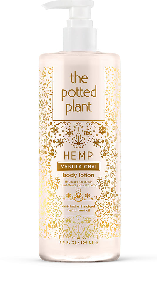 Body lotion bottle labeled 'the potted plant' with vanilla chai flavor on a white background