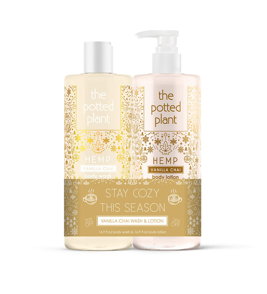 Two bottles of 'the potted plant' Hemp Vanilla Chai body wash and lotion on a white background